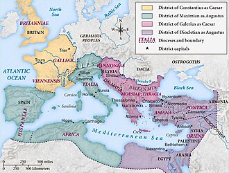 A map showing the division of the Roman empire c. 300