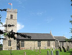 Flag flying on All Saints' Church, Shotesham