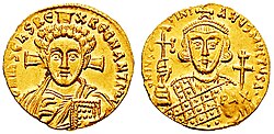 Solidus of Justinian II struck after 705. A stylized Christ is on the obverse, with the emperor on the reverse. Legend: D[OMI]N[US] IHS[US] CH[RI]S[TOS] REX RAGNANTIUM / D[OMI]N[US] IUSTINIANUS MULTUS A[ΝΝΙ].