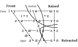 Front, raised and retracted are the three articulatory dimensions of vowel space. Open and close refer to the jaw, not the tongue.