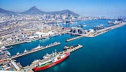 The Port of Cape Town is a major transport node in Africa. In addition to moving freight, it also hosts cruise ships, and serves as a major repair site for both ships and oil rigs