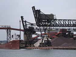 Container ship at Algoma Steel. The Great Lakes provide ocean access for industries in the province's interior.