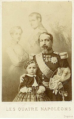 "The Four Napoleons", 1858 propaganda image depicting Napoleon I, Napoleon II, Napoleon III, and Louis-Napoléon, Prince Imperial