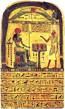 The Stele of Revealing (Bulaq 666): Nuit, Hadit as the winged solar disk, Ra-Hoor-Khuit seated on his throne, and the stele's owner, Ankh-af-na-khonsu