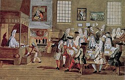 An English café at the close of the 17th century: men hang their hats on pegs and sit at long communal tables strewn with papers and writing implements. Coffee pots are ranged at an open fire, with a hanging cauldron of boiling water. The only woman present is separated in a canopied booth, from which she serves coffee in tall cups.[87]