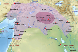 A map of the Mitanni kingdom. This extent was likely reached during the reign of Barattarna