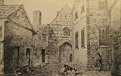 A black-and-white pencil drawing of some stone and brick buildings forming a small complex from a short distance away. The buildings each have a door and some windows, with children in the courtyard in front.