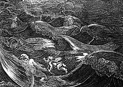 Leander swimming across the Hellespont. Detail from a painting by Bernard Picart.