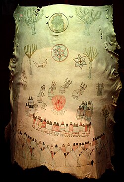 Hide painting depicting Apache girl's puberty ceremony, by Naiche (Chiricahua Apache), c. 1900, Oklahoma History Center