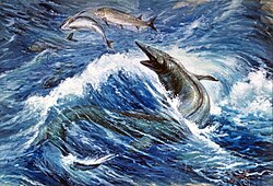Tylosaurus (a mosasaur) hunting Xiphactinus