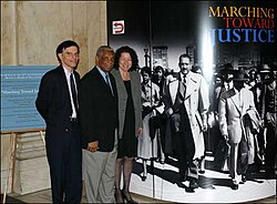 U.S. circuit judges Robert A. Katzmann, Damon J. Keith, and Sonia Sotomayor (later Associate Justice) at a 2004 exhibit on the Fourteenth Amendment, Thurgood Marshall, and Brown v. Board of Education