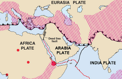 [7] The Near East houses a triple junction between the Arabian, Eurasian, and African plates. This is responsible for most of the seismic, volcanic and orogenic activity in the region.
