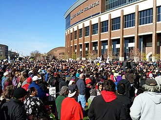Native Americans and their supporters protest during the Washington Redskins name controversy.