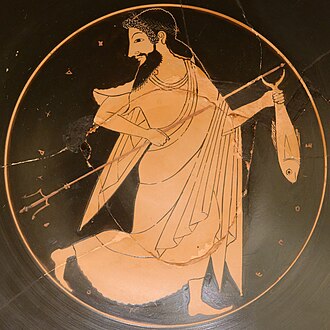 Poseidon with a trident and a fish. Tondo of an Attic red-figured kylix, 520-510 BC, from Etruria.National Museum of Denmark, Copenhagen.