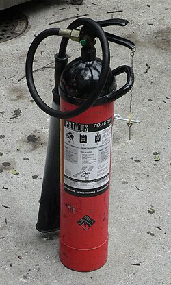 A carbon dioxide fire extinguisher rated for flammable liquids and gases