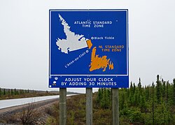 Newfoundland time-zone sign on the Trans-Labrador Highway between Cartwright Junction and Port Hope Simpson