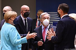 Guterres with President of the European Council Charles Michel, German Chancellor Angela Merkel and Polish Prime Minister Mateusz Morawiecki in Brussels, 24 June 2021