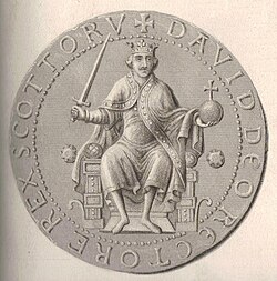 Steel engraving and enhancement of the obverse side of the Great Seal of David I, portraying David in the "Continental" fashion as the other-worldly maintainer of peace and defender of justice.