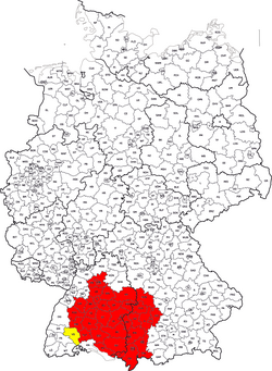 Today's Swabia within Germany. The Schwarzwald-Baar-Kreis (yellow) is at the transitional area of the Swabian, Upper Rhenish and Lake Constance dialects of Alemannic. The western Bodenseekreis district is not considered a part of modern Swabia. The dividing line is between Baden-Württemberg (west) and Bavaria (east).