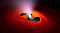 A computer simulation depicting a neutron star with accretion disk, spewing out X-rays through the magnetic axis