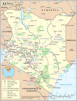 A map of Kenya. The label "Sudan" at upper left is now incorrect; the area is now part of South Sudan.