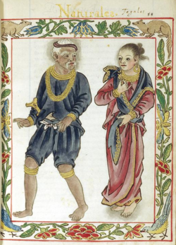 A pre-colonial Tagalog couple belonging to the datu class or nobility as depicted in the Boxer Codex of the 16th century.
