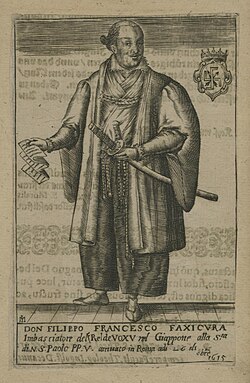 Depiction of Hasekura's visit in the 17th century of Scipione Amati's 1615 book, the History of the Kingdom of Woxu. Hasekura's coat of arms in the top right corner.