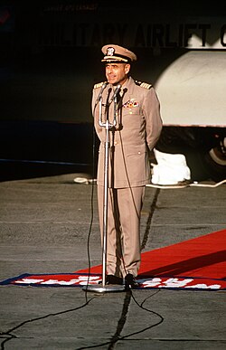 Navy Captain Jeremiah Denton at Clark Air Base, Philippines, shortly after his release as a POW in Hanoi, in February 1973.