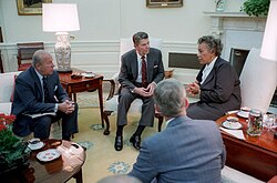 Reagan meets with Prime Minister Eugenia Charles of Dominica in the Oval Office about ongoing events in Grenada