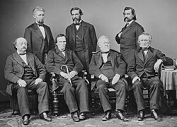 Johnson impeachment managersSeated L-R: Butler, Thaddeus Stevens, Thomas Williams, John Bingham;Standing L-R: James F. Wilson, George S. Boutwell, John A. Logan