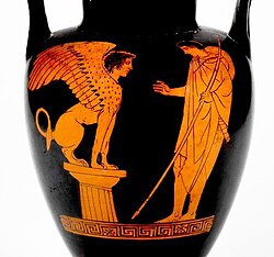 A Greek amphora depicting Oedipus and the Sphinx, c. 450 BC