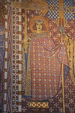 Saint Eric is the patron saint of Sweden, here on a wallpainting in Uppenbarelsekyrkan. His relics are on display in Uppsala Cathedral, the national shrine.