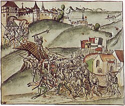 A scene depicting the Old Zurich War in 1443 (1514, illustration in Federal Chronicle by Werner Schodoler)