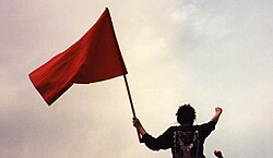 May Day protester in Spain, 2006, waving a red flag with a raised fist, both symbols of socialism
