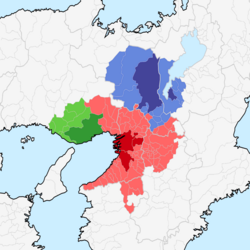 Keihanshin map with Osaka, Kobe, and Kyoto Urban Employment Areas as of 2015.
