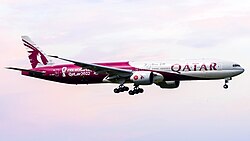 A Qatar Airways Boeing 777-300ER in 2022 FIFA World Cup special livery