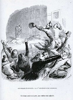 The "battle of Hernani" was fought nightly at the theatre in 1830: lithograph, by J. J. Grandville