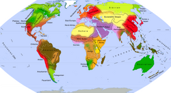 Cultural areas of the world as defined by Whitten and Hunter (shown with bold borders; associated with traditional economic forms, also shown in colors)