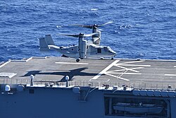 A Japanese V-22 lands on JS Ise