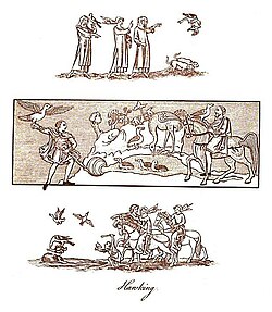 Three panels depicting hawking in England from various time periods, as reprinted in Joseph Strutt's 1801 book, The Sports and Pastimes of the People of England from the Earliest Period: The middle panel is from a Saxon manuscript dated to the late 10th century – early 11th century, as of 1801 held in the "Cotton Library", showing a Saxon nobleman and his falconer. The top and bottom panels are drawings from a manuscript held, as of 1801, in the Royal Library, dating from the early 14th century, showing parties of both sexes hawking by the waterside; the falconer is frightening the fowl to make them rise and the hawk is in the act of seizing upon one of them.[45]