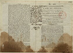 A copy of L'Ami du peuple stained with the blood of Marat