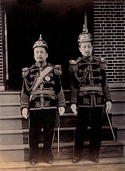 Gojong and the Crown Prince Sunjong with their Pickelhaube