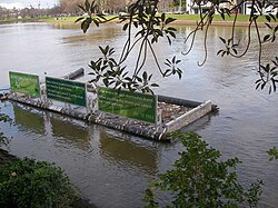 A Parks Victoria litter trap on the river to catch floating rubbish on the Yarra River at Birrarung Marr in Melbourne, Australia.