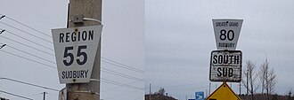 Municipal road signage in Greater Sudbury. The sign style shown on the left was posted on regional roads prior to the city's amalgamation in 2001, while the sign style on the right was posted after amalgamation.