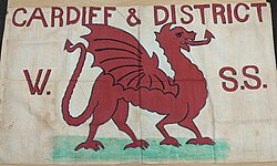 1908 banner of the Cardiff & District Women's Suffrage Society