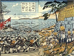 Japanese marines landing from the Unyo at Yeongjong Island (永宗島) during the Ganghwa Island incident in 1875