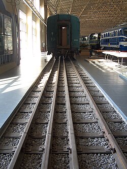 Triple gauge, from left: 1,435 mm (4 ft 8+1⁄2 in), 1,000 mm (3 ft 3+3⁄8 in), and 600 mm (1 ft 11+5⁄8 in), on display at the China Railway Museum in Beijing