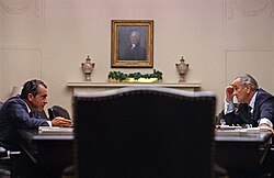 Johnson meeting with Republican presidential candidate Richard Nixon in the White House in July 1968