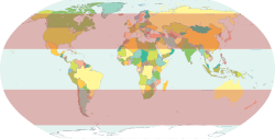 World map with the middle latitudes highlighted in red