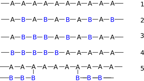 Different types of polymers: 1) homopolymer 2) alternating copolymer 3) random copolymer 4) block copolymer 5) graft copolymer.